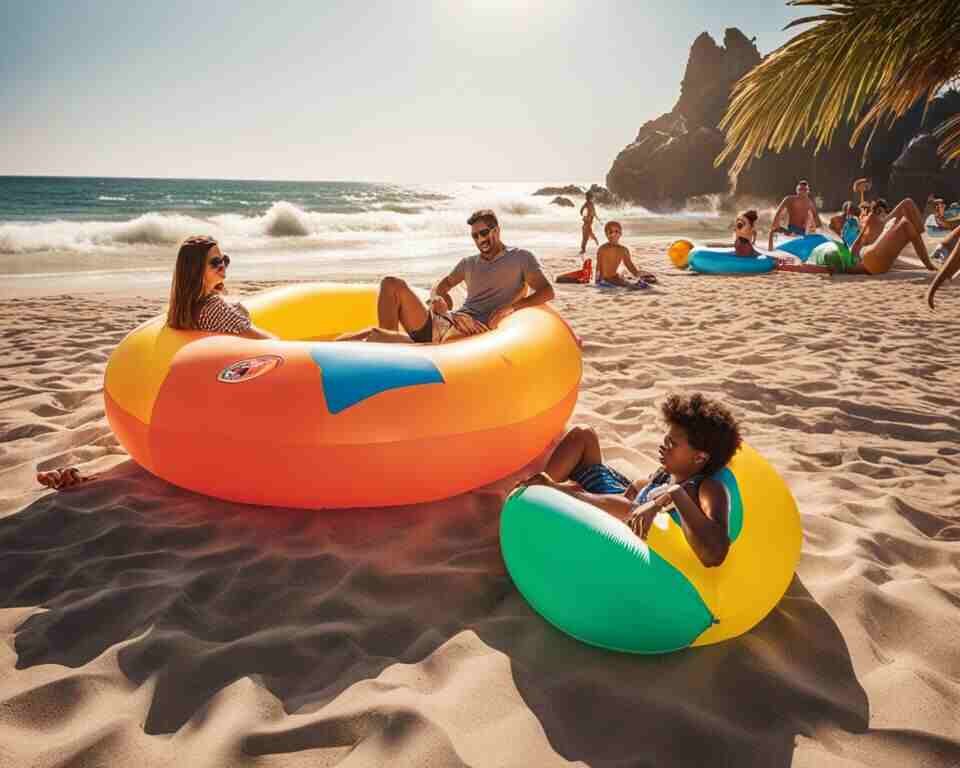 A bustling beach scene with various inflatable products scattered throughout, including a large inflatable swan, a brightly colored inflatable beach ball, and a family-sized inflatable pool.