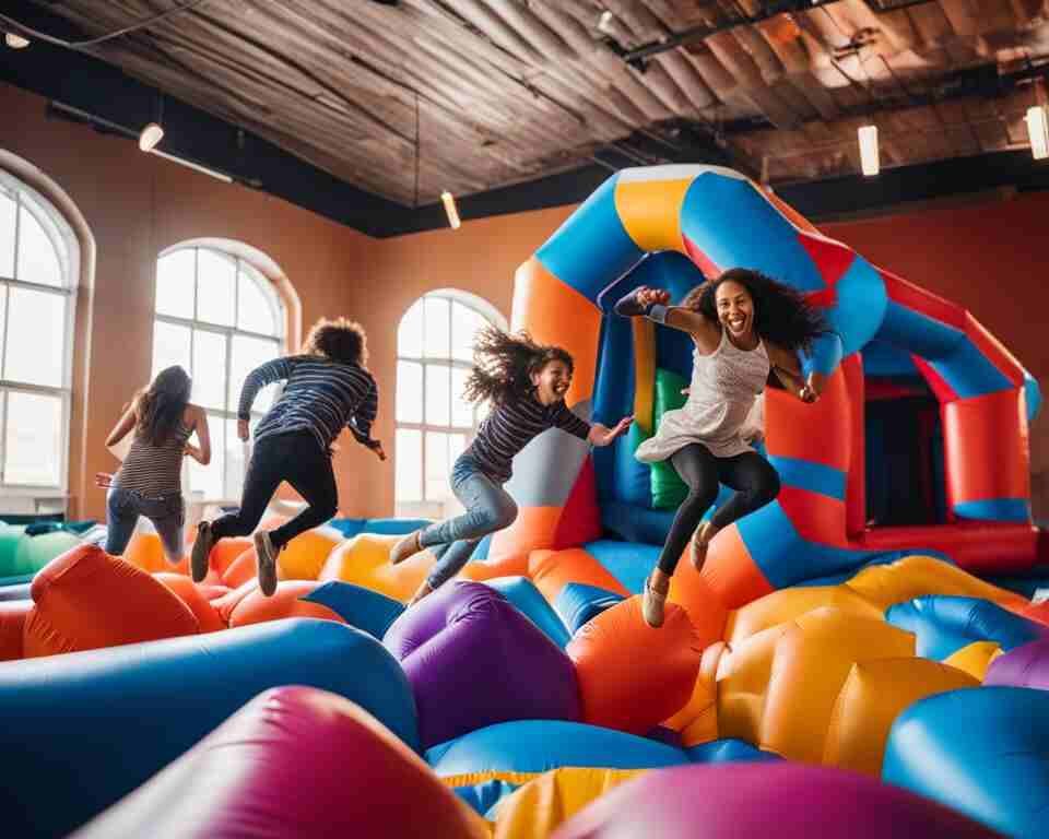 A group of kids having fun jumping and bouncing on colorful indoor inflatables.
