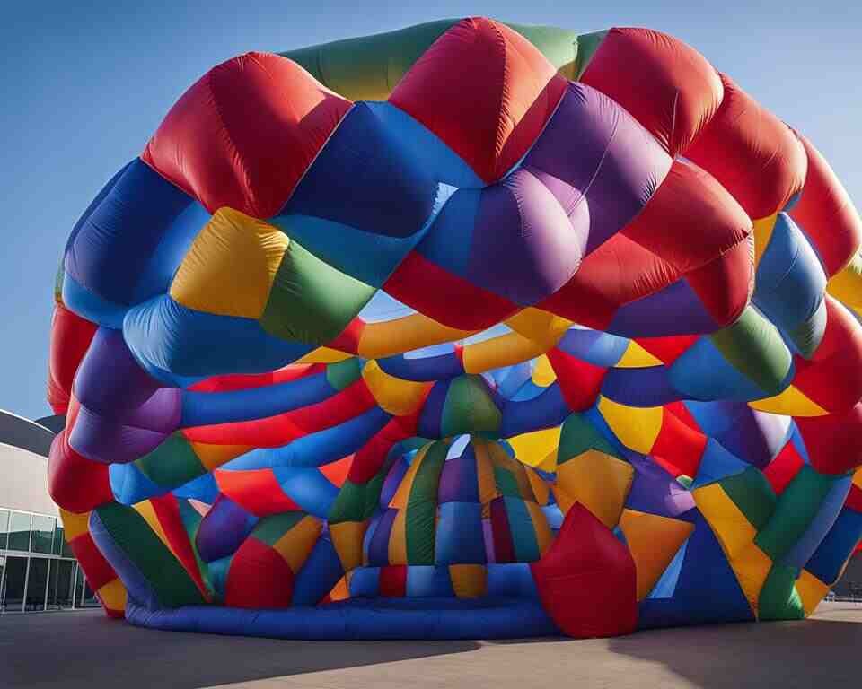 A colorful inflatable structure standing tall against a clear blue sky.