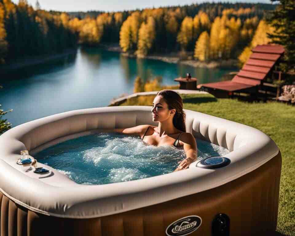 A person relaxing in an inflatable hot tub surrounded by a beautiful outdoor scenery.