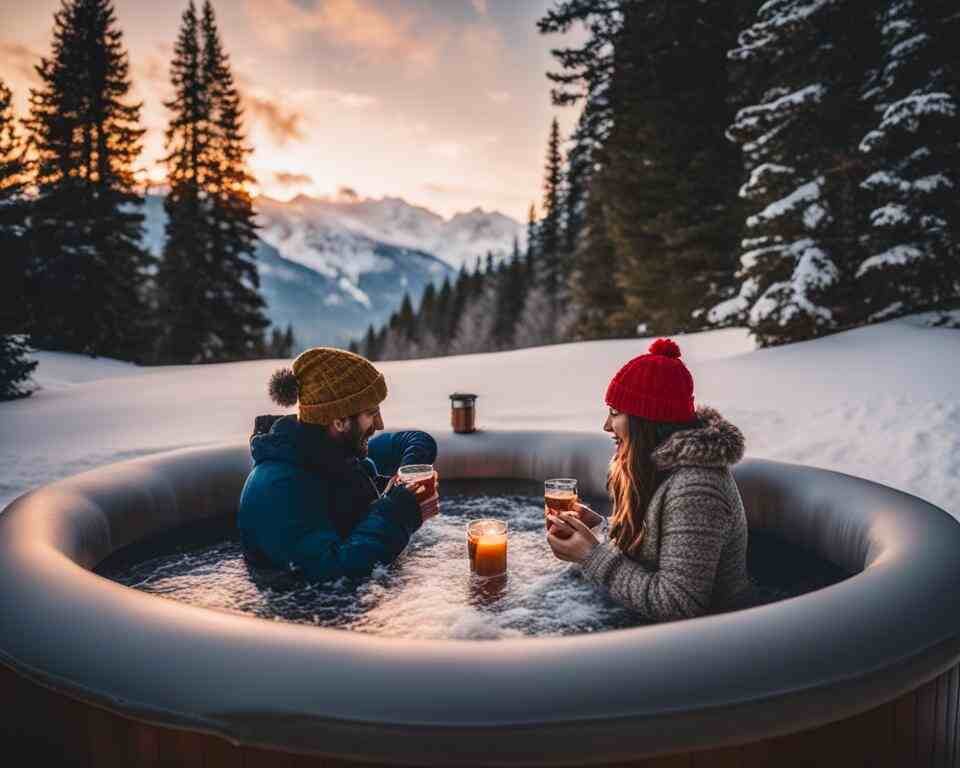 A couple sitting in a hot tub surrounded by snow-covered trees and mountains.