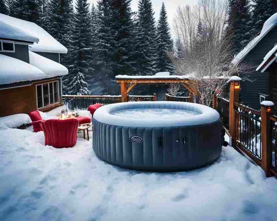 A cozy, snowy backyard scene with an inflatable hot tub in the center,