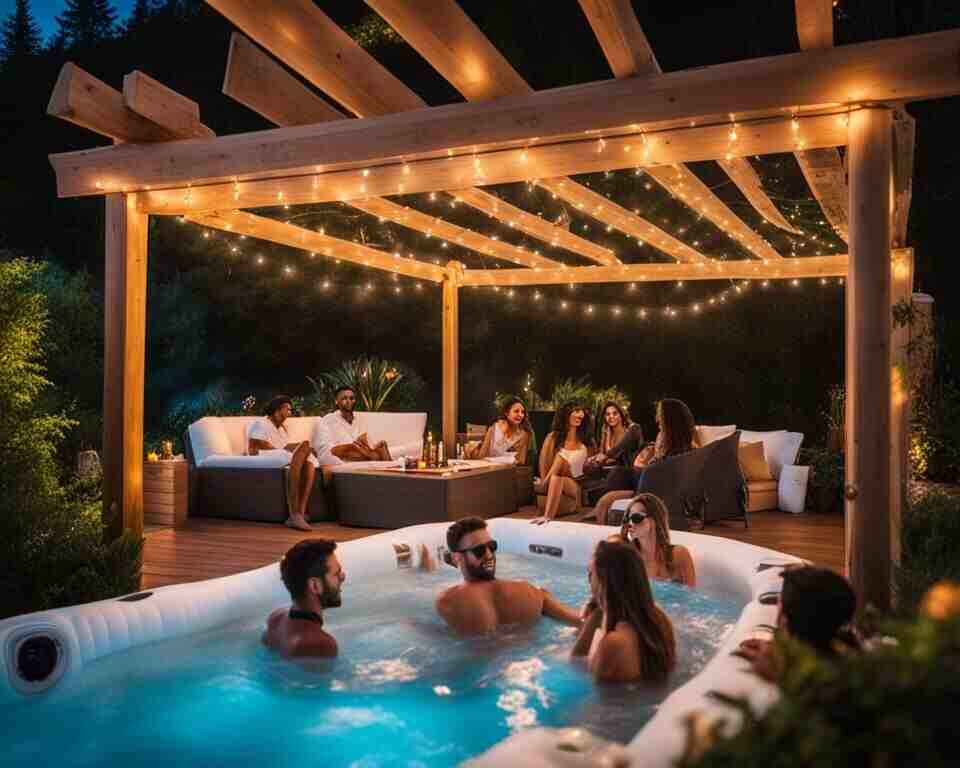 A group of people relaxing in a lush backyard setting, lounging in and around a white, inflatable hot tub with jets.