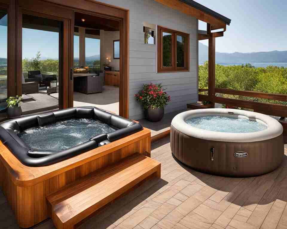A comparison between an inflatable hot tub and a traditional hot tub, highlighting their similarities and differences.