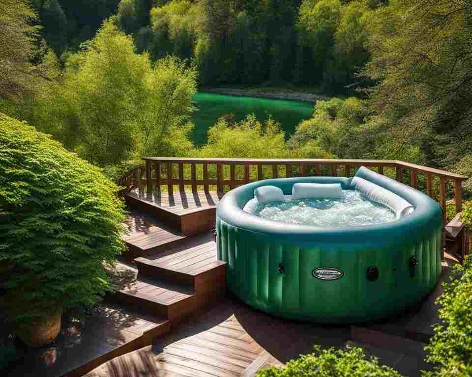 A view of an inflatable hot tub, with multiple raised seats and jets visible.