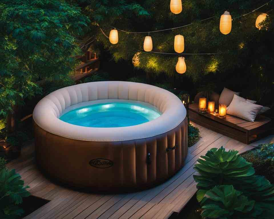An inviting inflatable hot tub with comfortable seats, surrounded by lush green foliage and softly glowing lanterns.