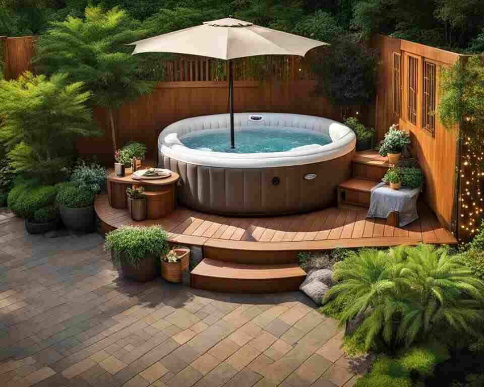 A bird's eye view of a picturesque outdoor setting with a relaxing atmosphere. An inflatable hot tub takes center stage, surrounded by lush greenery and tall trees.