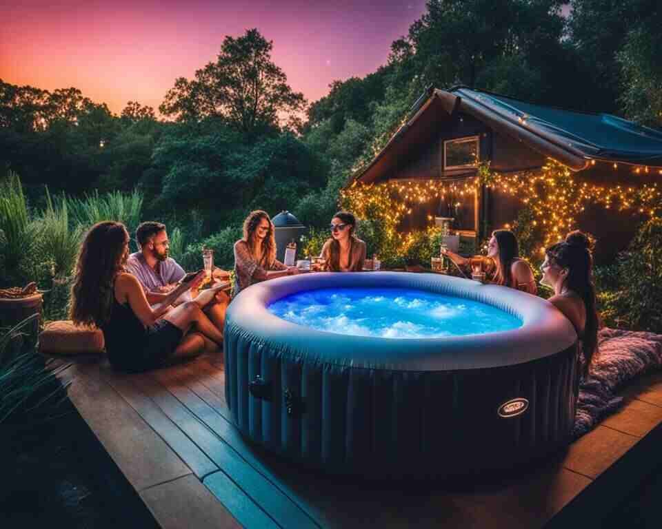 A group of people lounging in an inflatable hot tub under a starry night sky, surrounded by lush greenery and colorful string lights. 