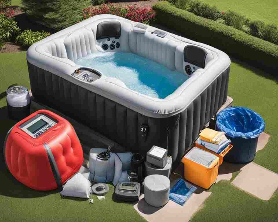 An inflatable hot tub surrounded by household items like a water meter, electricity bill, and calculator to depict the various costs incurred while running it.