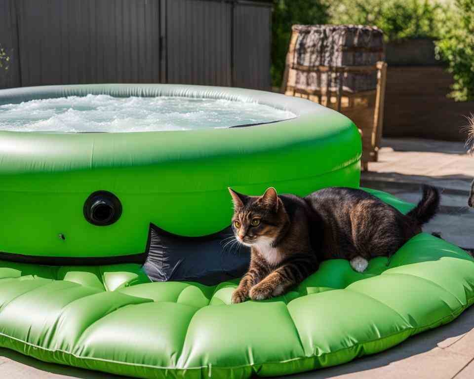 A curious cat sitting on the edge of an inflatable hot tub, while nearby a deflated inflatable hot tub with visible claw marks on its surface.