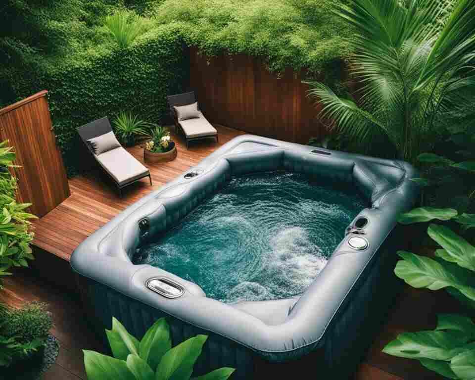 An inflatable hot tub surrounded by lush greenery. The water should appear deep, with bubbles rising to the surface.