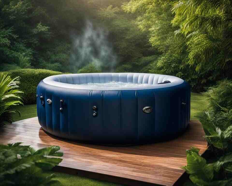 An inflatable hot tub that appears to be much deeper than it looks, with bubbles rising to the surface and steam emanating from the water. 