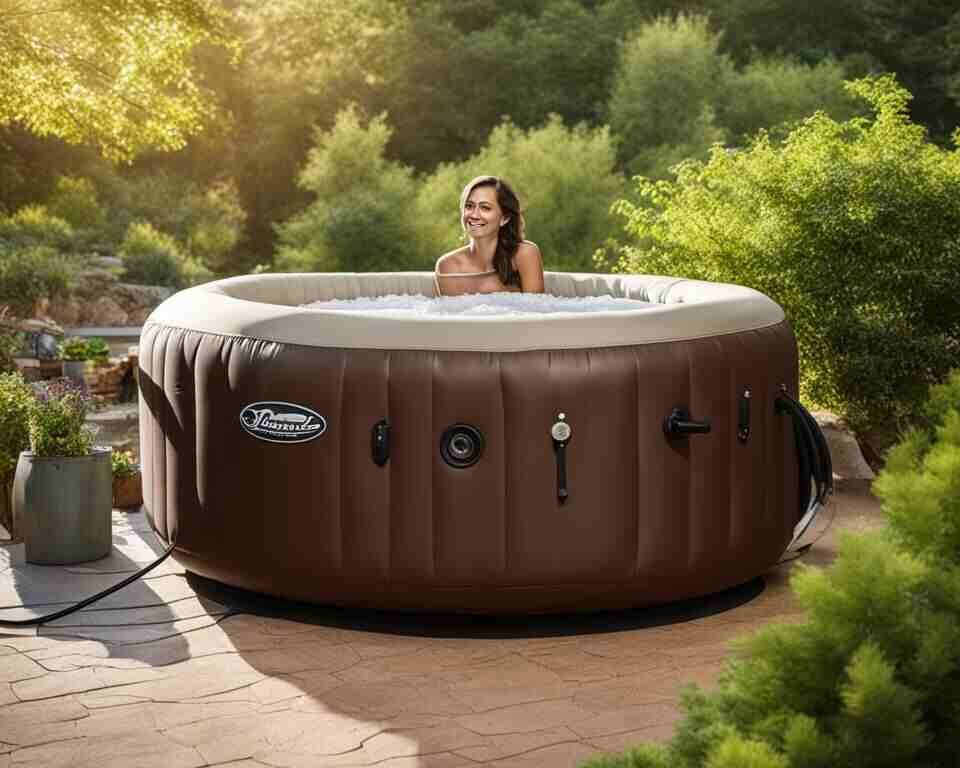 A woman in an outdoor inflatable hot tub.