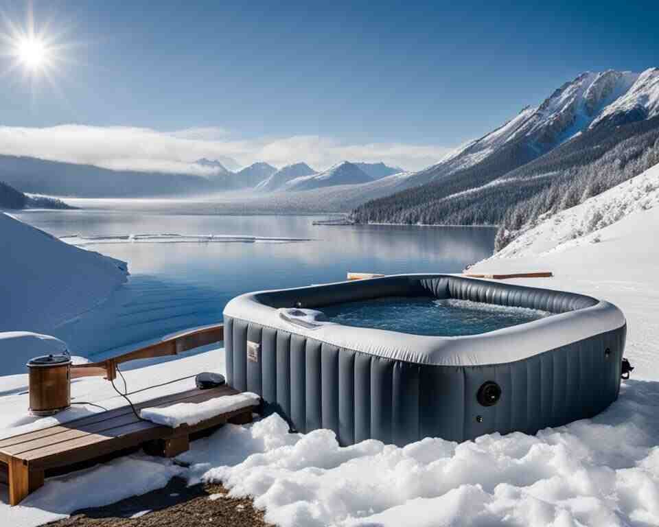 A cozy inflatable hot tub set against a snowy mountain backdrop.