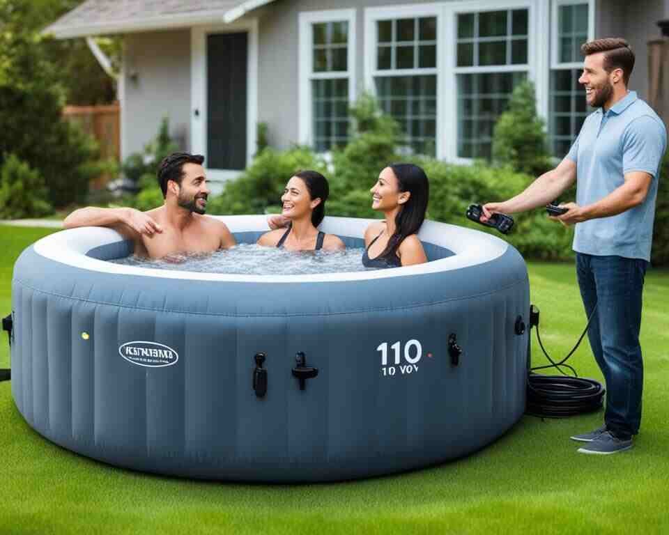 Friends enjoying an inflatable hot tub in their yard.