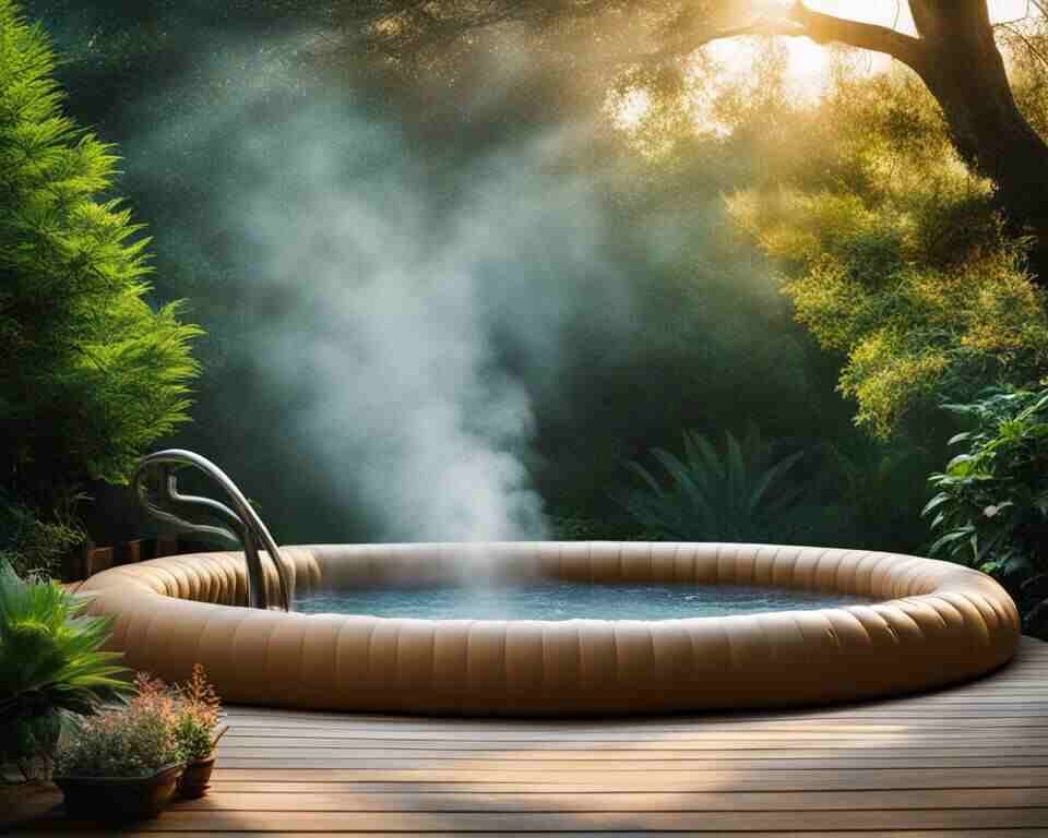 An image of a tranquil setting with a steaming hot inflatable hot tub in the foreground.