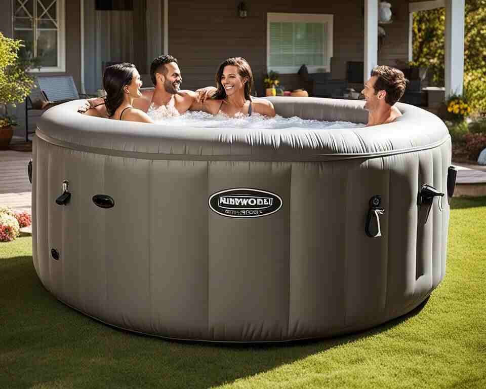 A group of friends in a backyard inflatable hot tub.