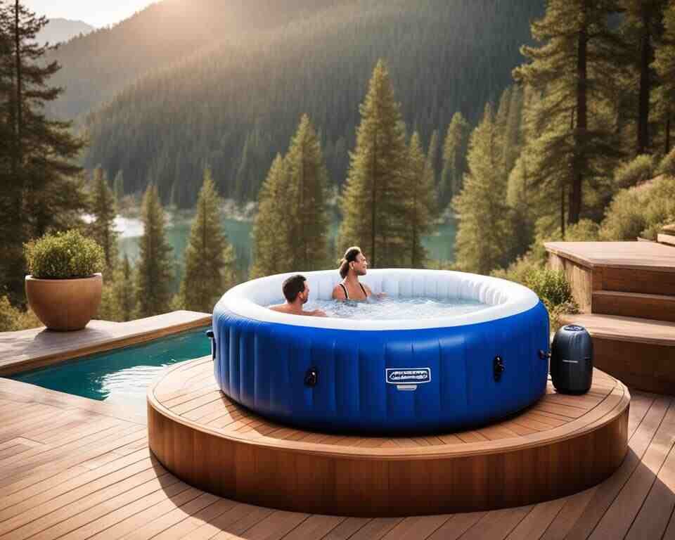 Two people enjoying an inflatable hot tub in their yard patio.