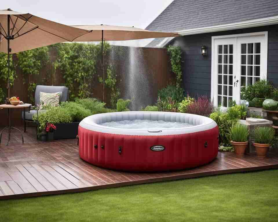 A cozy outdoor setting featuring an inflatable hot tub with rain pouring down on it. 