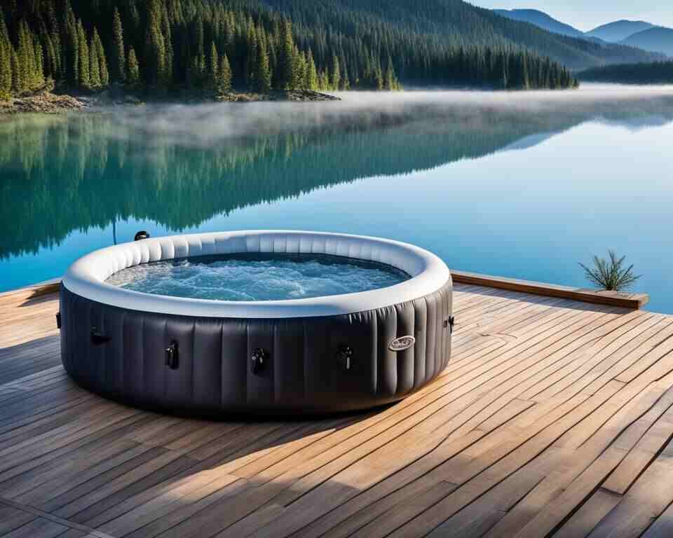 A relaxing scene with an inflatable hot tub. The hot tub is placed on a wooden deck overlooking a beautiful view.