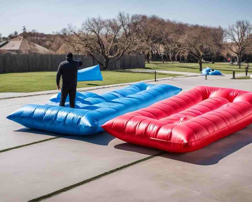 A person drying out inflatables in the sun.
