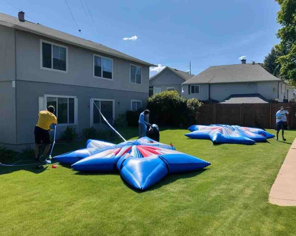 Three people drying out their inflatables in the yard.