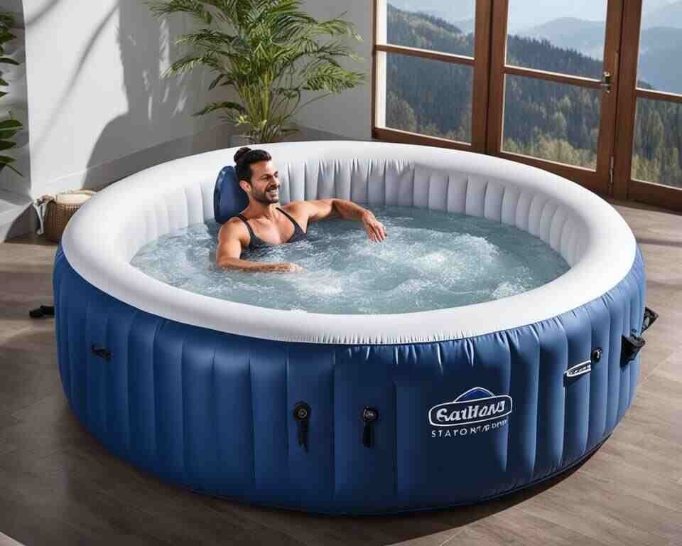 A person enjoying an indoor inflatable hot tub.