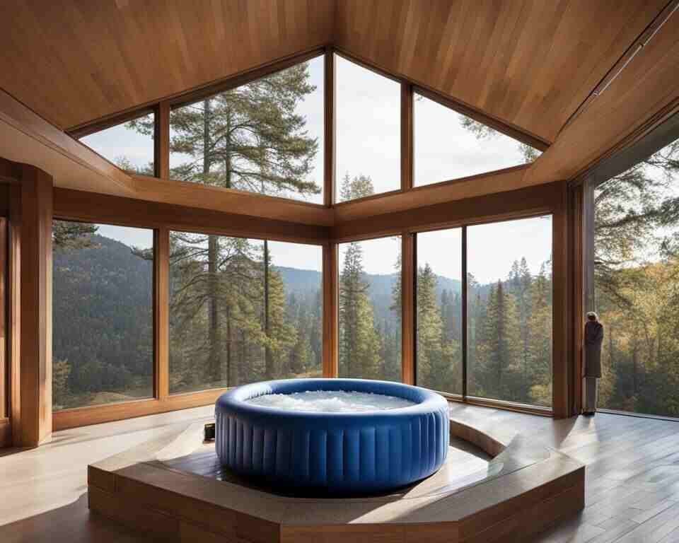 A minimalist interior space with an inflatable hot tub placed near a large window.