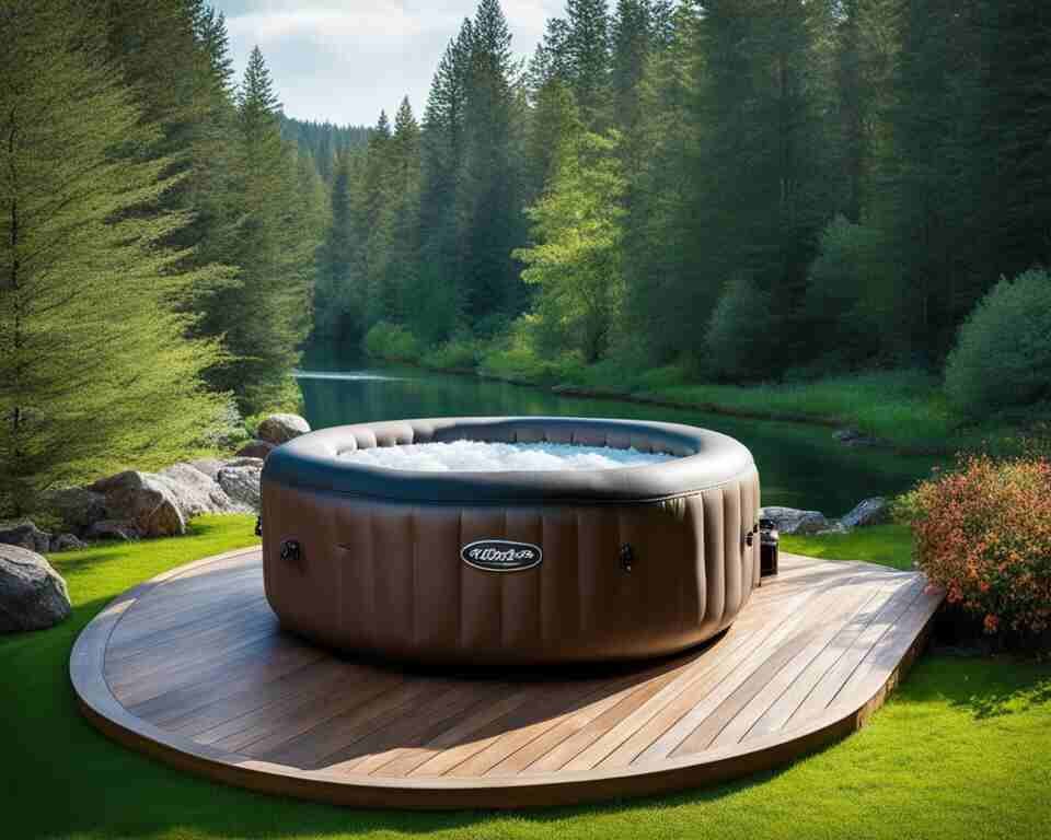 An inflatable hot tub placed outdoors in a natural setting, surrounded by trees and greenery.