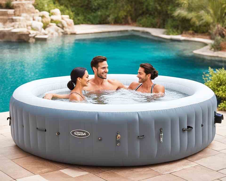 Two men and a woman in an inflatable salt water hot tub.