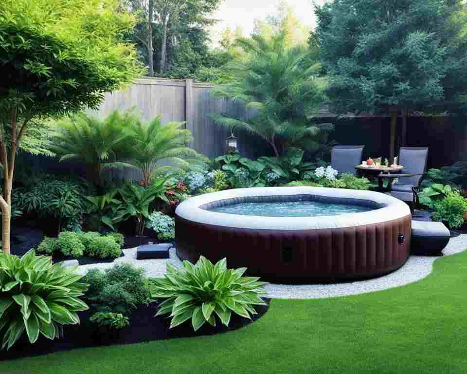 A serene backyard setting with an inflatable hot tub filled with clear, sparkling water.