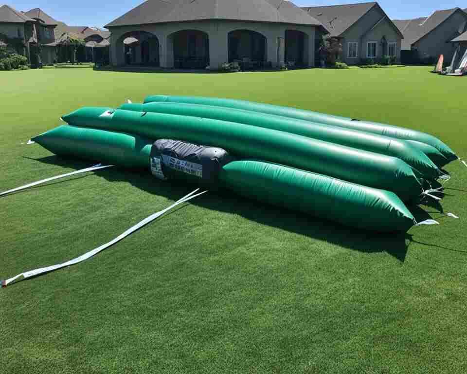 An inflatable bounce house tied down securely to the ground with multiple stakes and ropes.