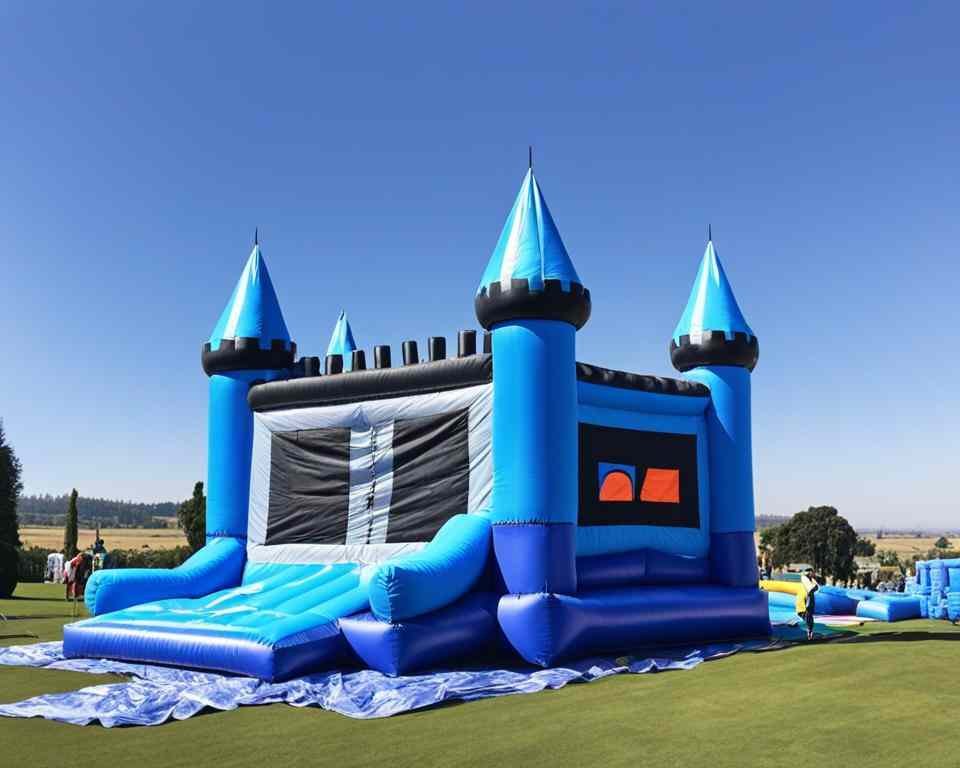 A bouncy castle secured to the ground.