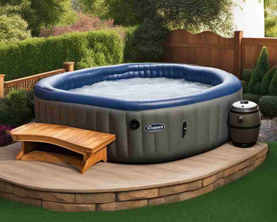 An inflatable hot tub in a backyard ready for use.