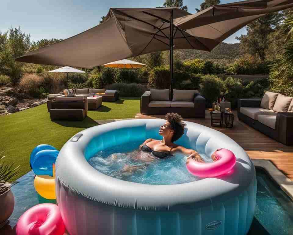 A woman laying down in her outdoor inflatable hot tub.
