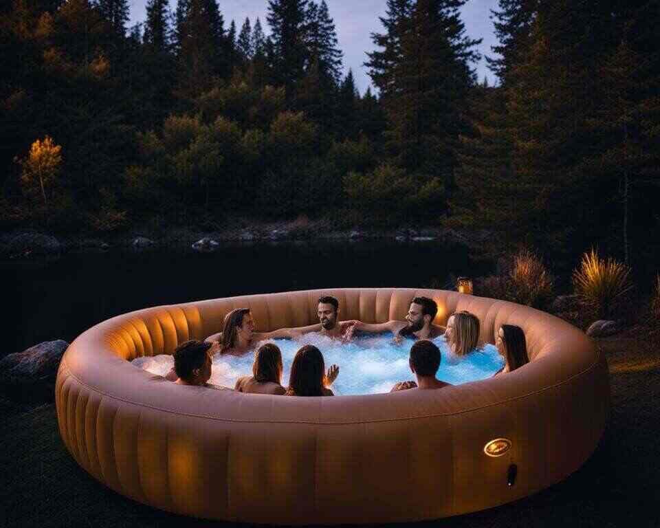 Friends enjoying an inflatable hot tub outdoors.