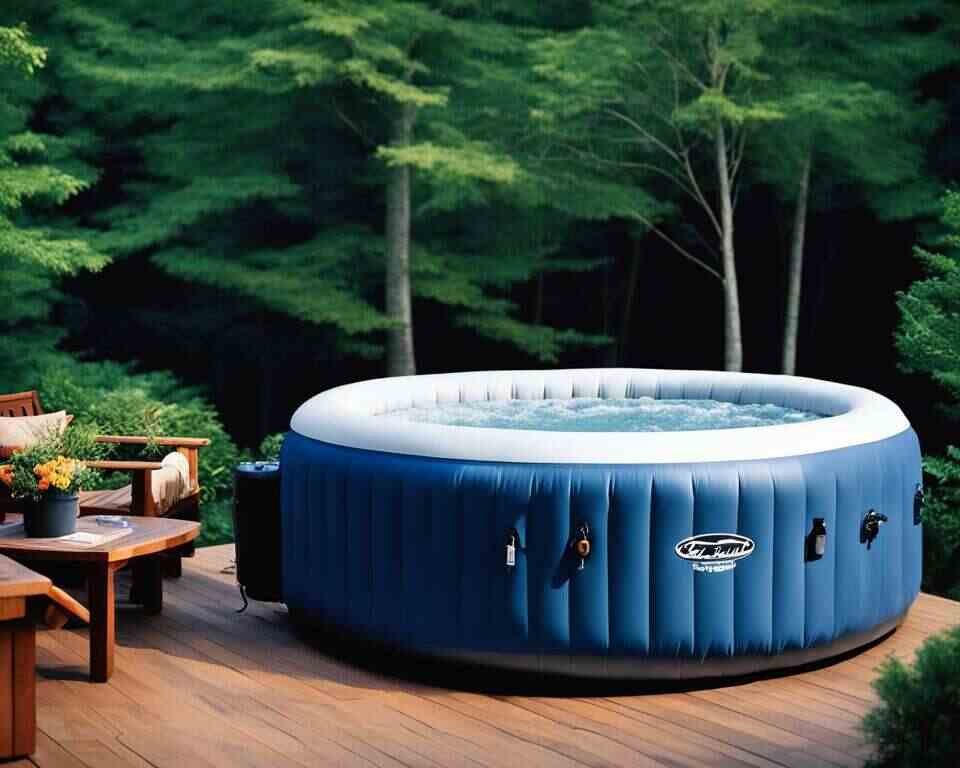 A blue inflatable hot tub set up on a backyard deck.
