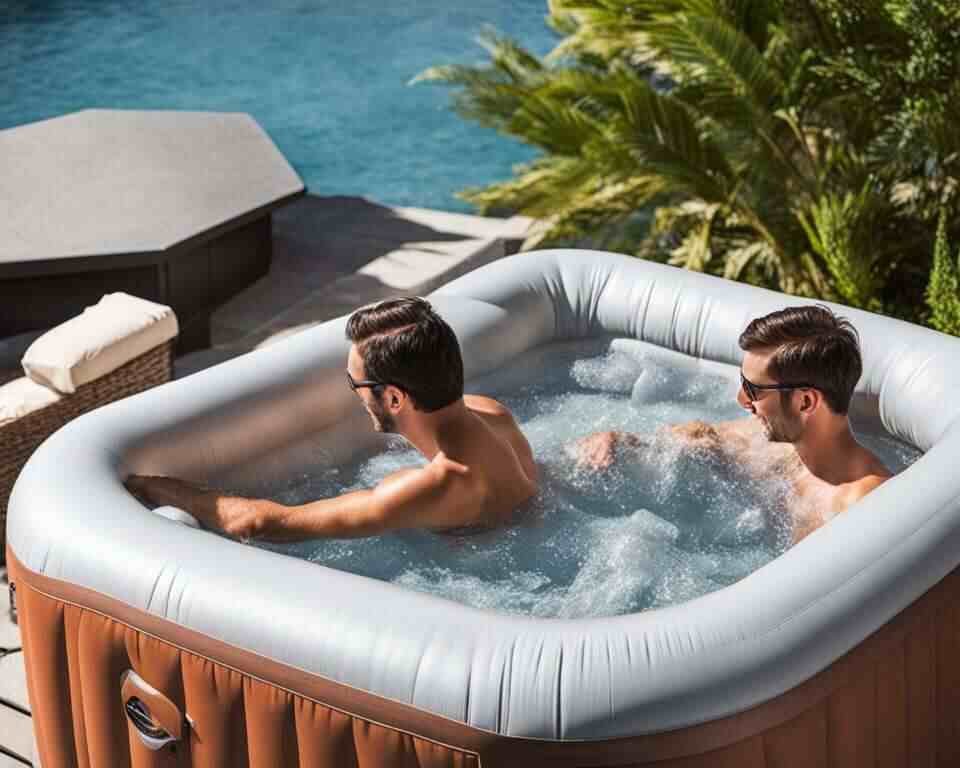 Two people in an inflatable hot tub with salt water.