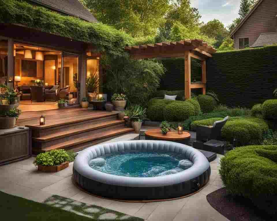 A view of an inflatable hot tub in a backyard patio.