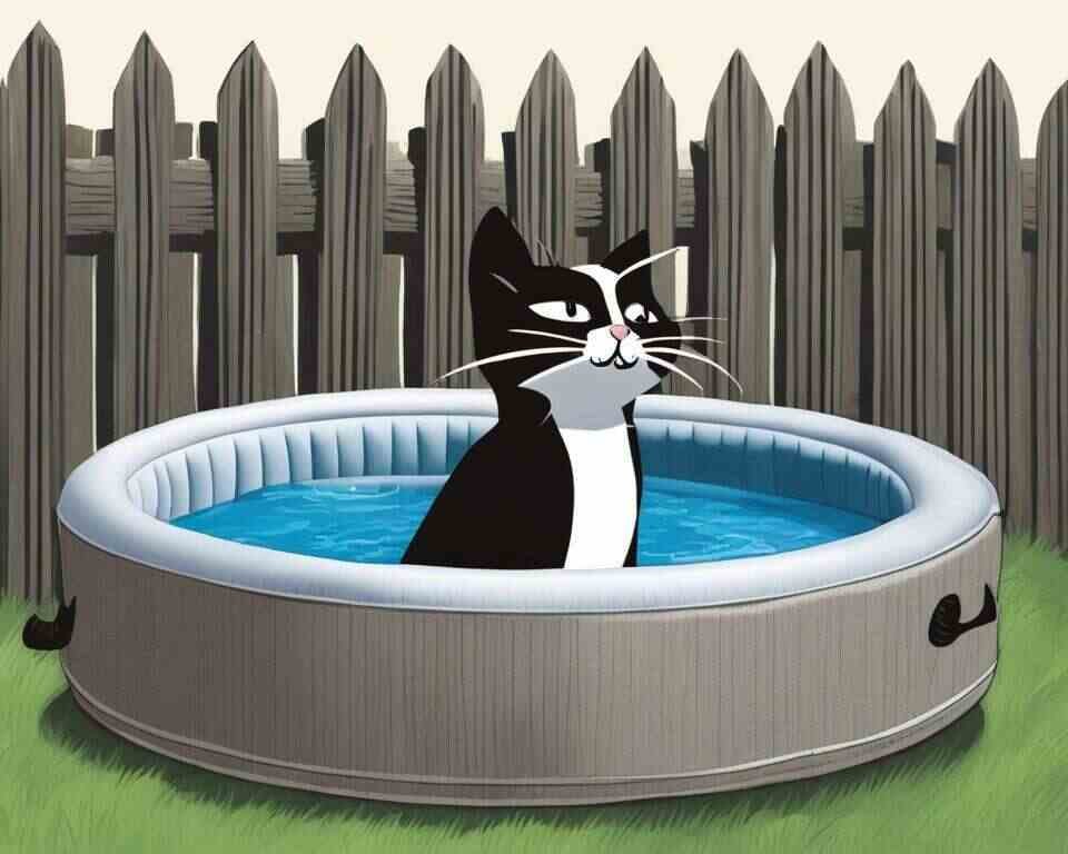 A cat sitting in an inflatable hot tub.