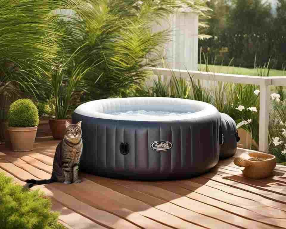 A cat standing beside an inflatable hot tub.
