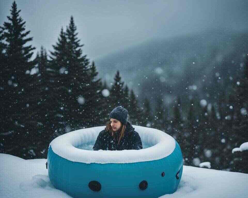 A person enjoying an inflatable hot tub in winter.