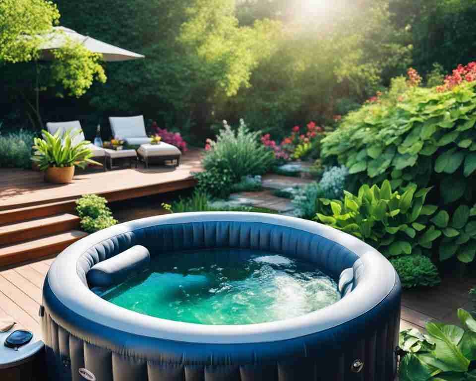 A serene backyard with an inflatable hot tub filled with clear water surrounded by lush green plants and flowers.