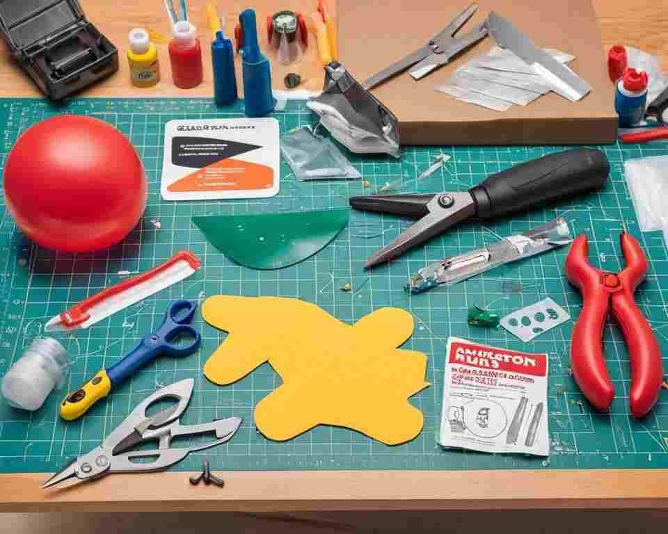 A DIY inflatable repair kit spread out on a table.
