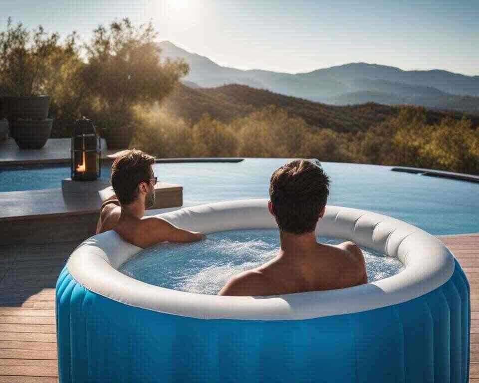 Two men sitting in an inflatable hot tub together.