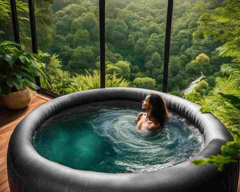 A woman enjoying a dip in her inflatable hot tub.