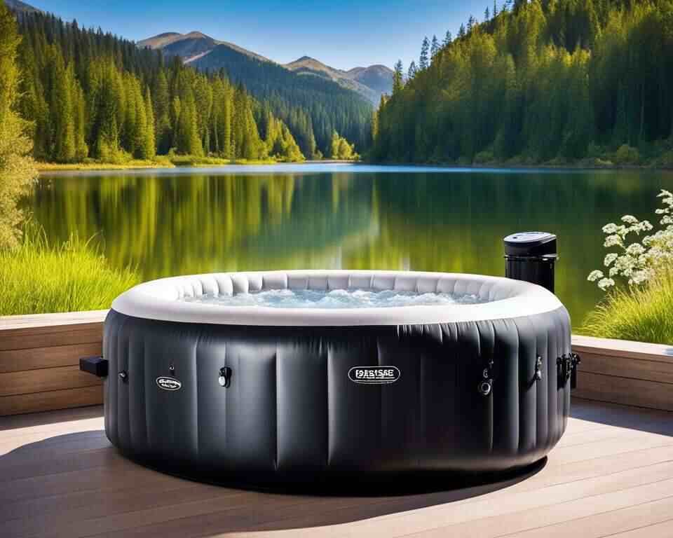 A gray inflatable hot tub set up on an outdoor patio.