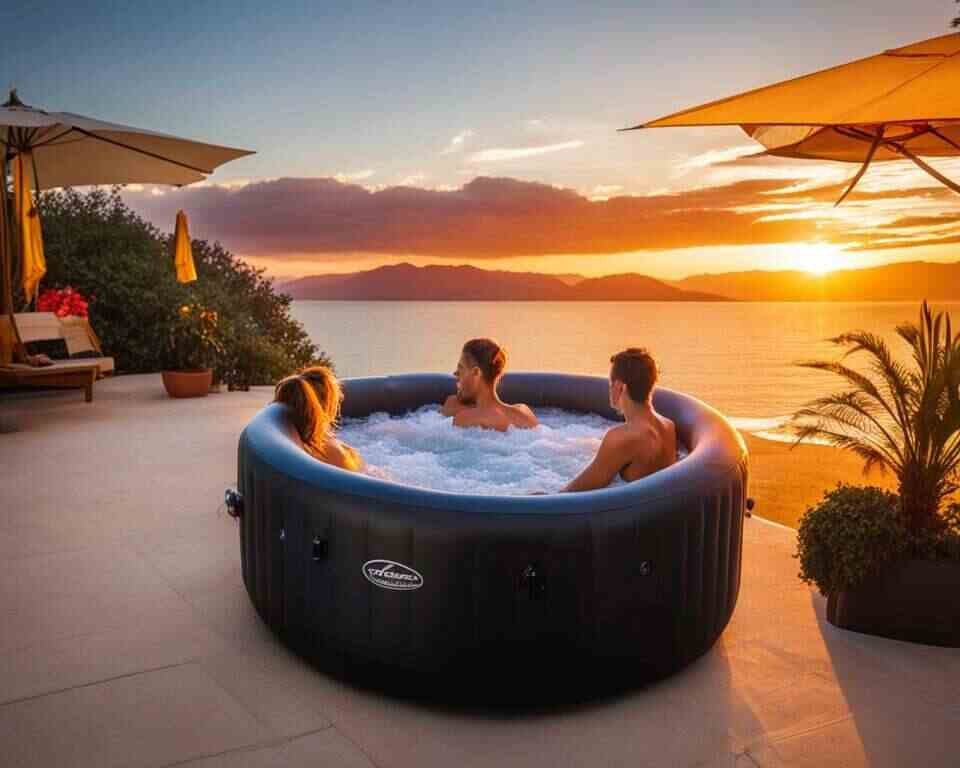 Three people enjoying an inflatable hot tub.