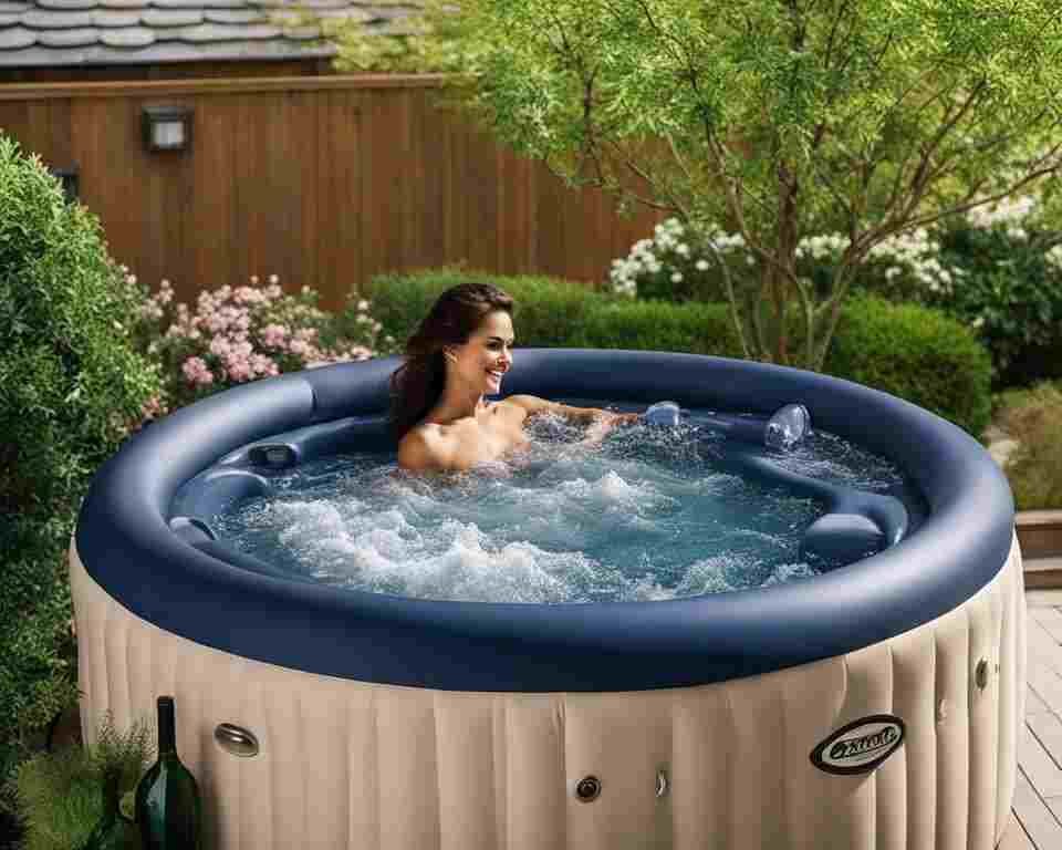 A woman enjoying an inflatable hot tub.