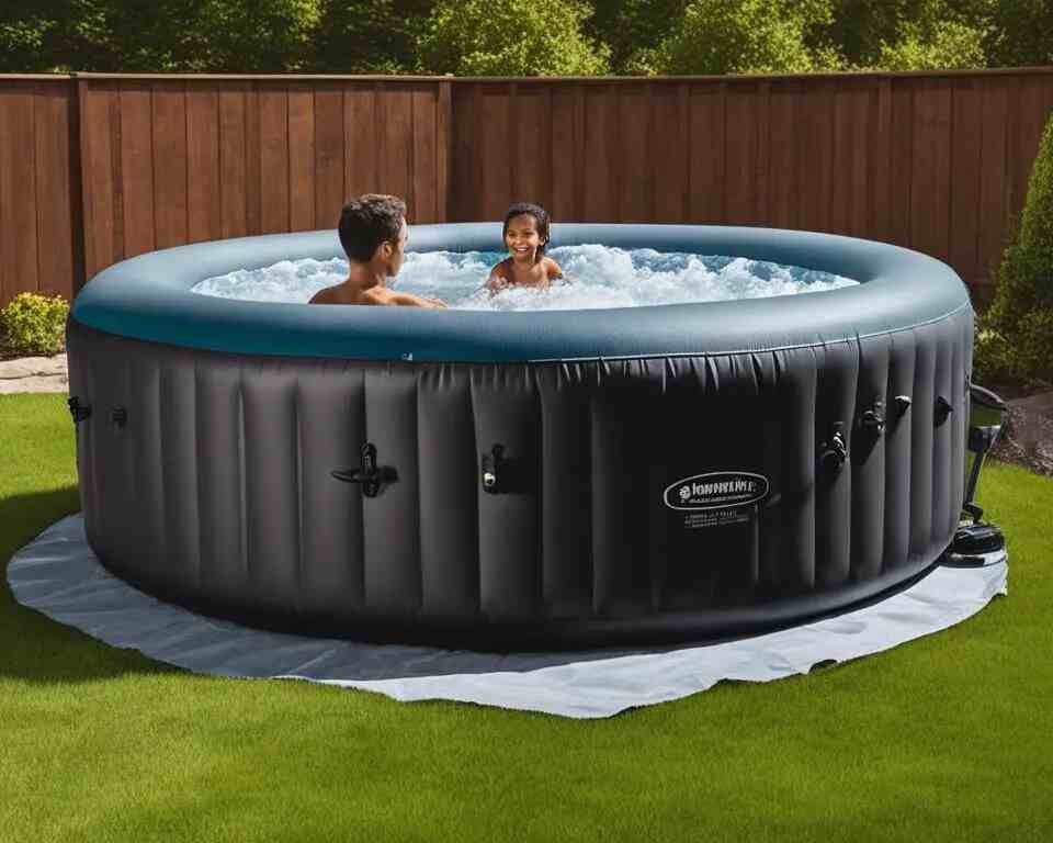 A man and his son enjoying an inflatable hot tub in their backyard.